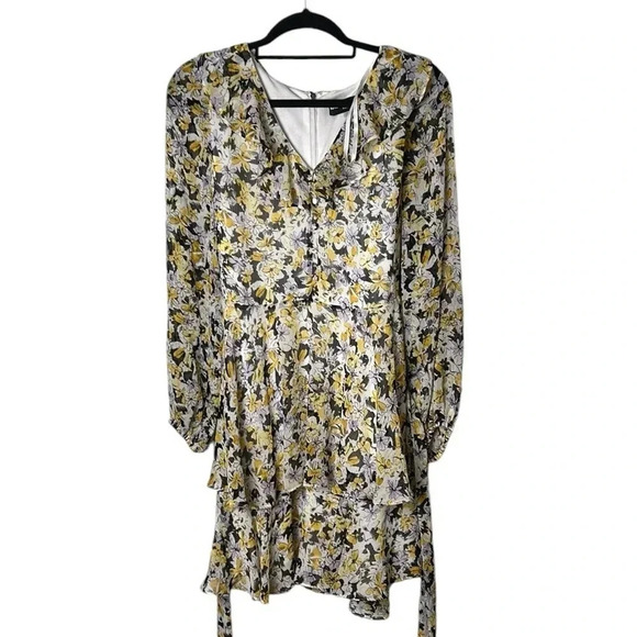 Karl Lagerfeld Ruffled floral sheer babydoll dress,chiffon frill,tiered,tie wrap - Picture 13 of 16